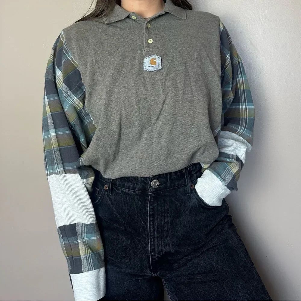 Reworked Upcycled Carhartt Long Sleeve Flannel Western Plaid Relaxed Shirt Top